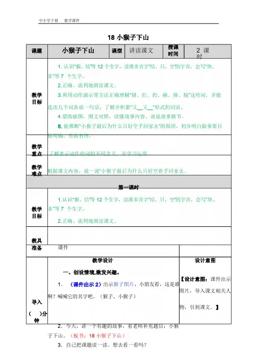 2020春部编版语文一年级下册精品课件-第七单元-18 小猴子下山教案