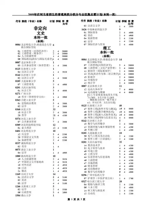 2009年在河北省招生的普通高校分校分专业征集志愿计划(本科一批)