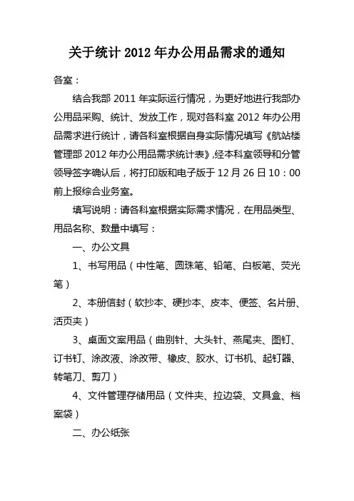 关于统计2012年办公用品需求的通知