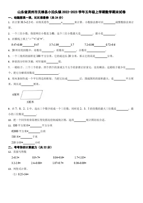 山东省滨州市无棣县小泊头镇2022-2023学年五年级上学期数学期末试卷