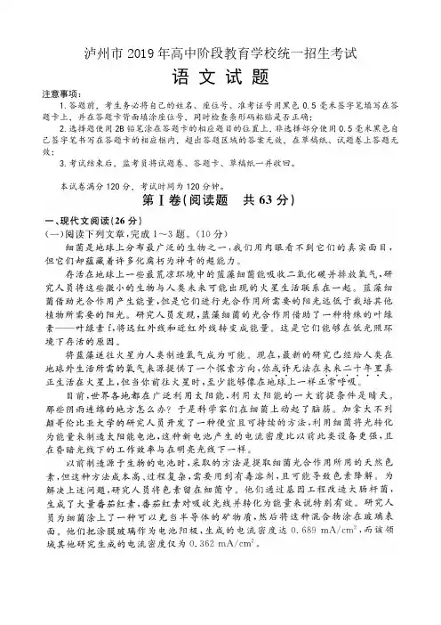 泸州市2019年高中阶段教育学校统一招生考试语文试题卷(2019泸州中考语文真题PDF超高清扫描版)