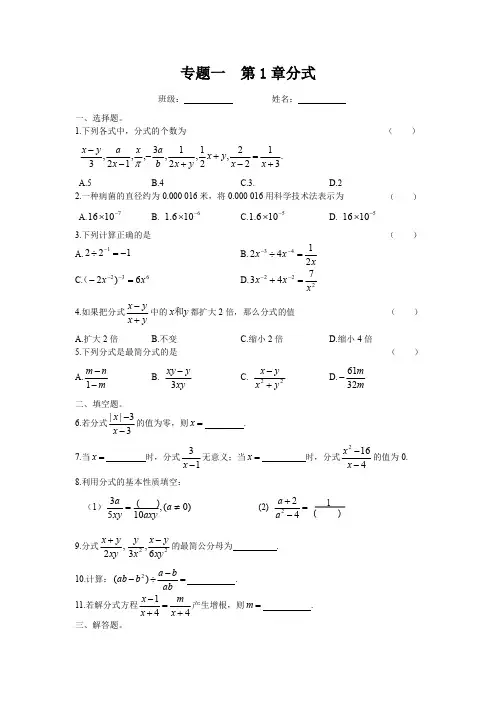 八年级下册数学湘教版专题一 第1章分式