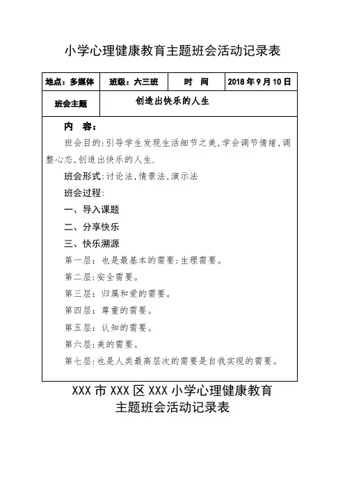小学心理健康教育主题班会活动记录表