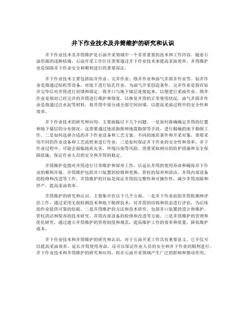井下作业技术及井筒维护的研究和认识