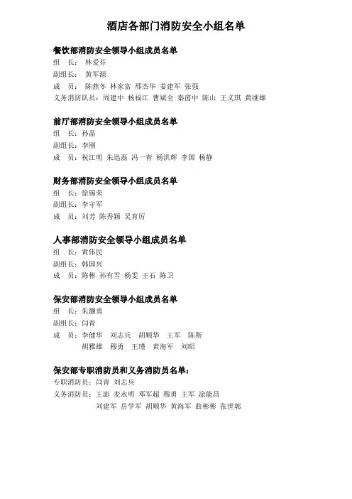 酒店各部门消防安全小组名单