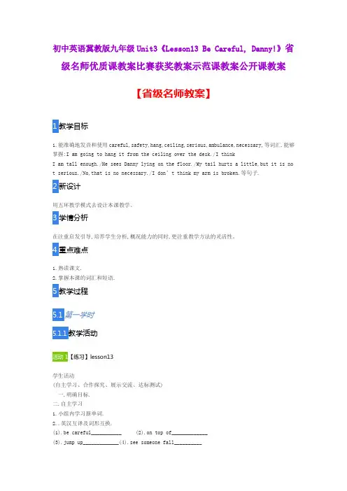 初中英语冀教版九Un3《Lesson13 Be Careful, Danny!》省级名师优质课教案比赛获奖教案示范课教案公开课教案