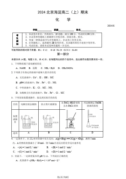 2024北京海淀高二(上)期末化学试卷及答案