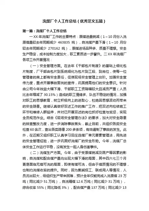洗煤厂个人工作总结（优秀范文五篇）
