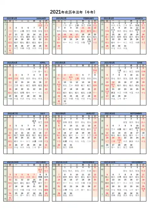 2021年日历 EXCEL 带周 带假期 打印版