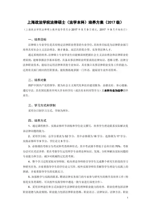上海政法学院法律硕士(法学本科)培养方案(2017级)
