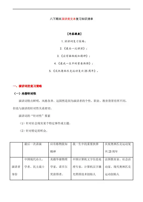  演讲类文本阅读(知识清单)-2023-2024学年八年级语文下学期期末考点大串讲(统编版)