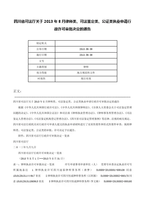 四川省司法厅关于2013年8月律师类、司法鉴定类、公证类执业申请行政许可审批决定的通告-