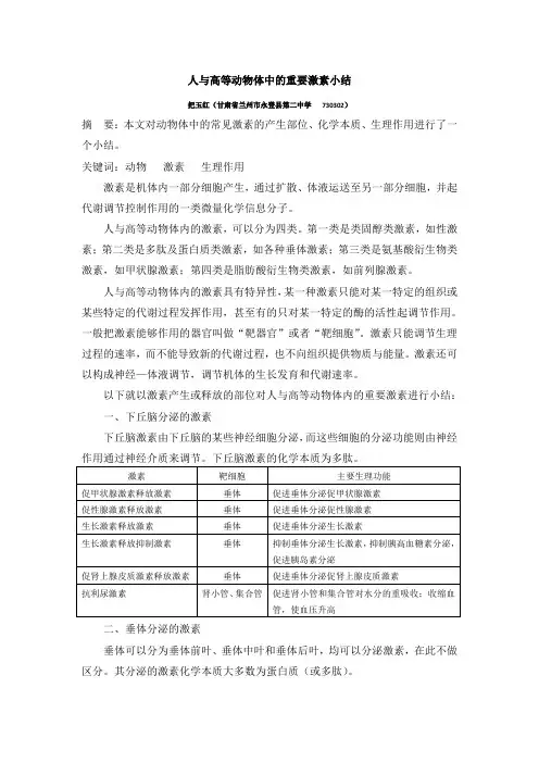 动物体中的重要激素小结
