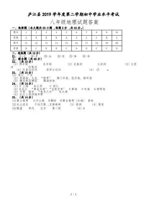 安徽庐江县八年级学科学业水平考试地理试题与参考答案