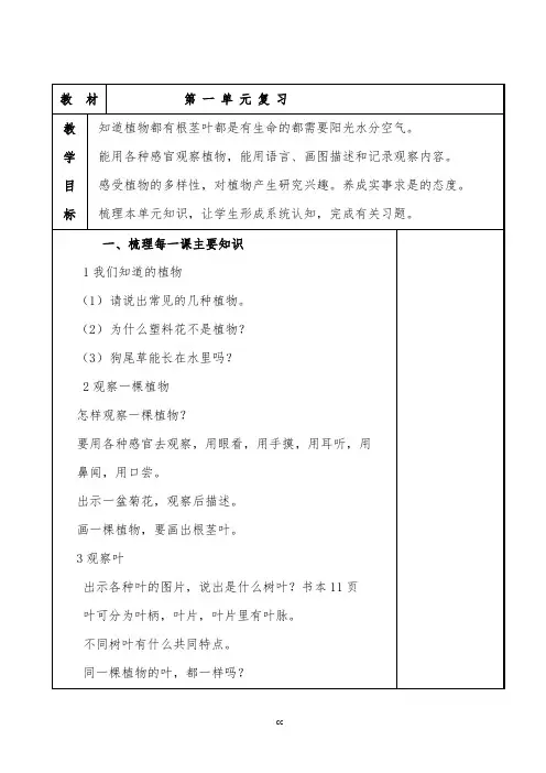 【复习资料】教科版科学一年级上册科学复习资料