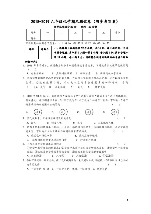 2018-2019九年级化学期末测试卷(附参考答案)