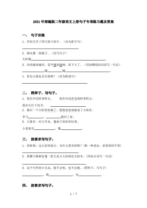 2021年部编版二年级语文上册句子专项练习题及答案