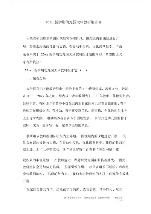 2020新学期幼儿园大班教研组计划.docx