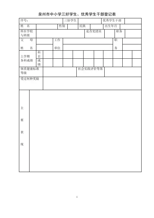 泉州市中小学叁好学生`优秀学生干部登记表 序号
