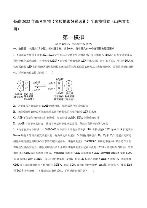 卷2-备战2022年高考生物【名校地市好题必刷】全真模拟卷(山东专用)第一辑(原卷版)