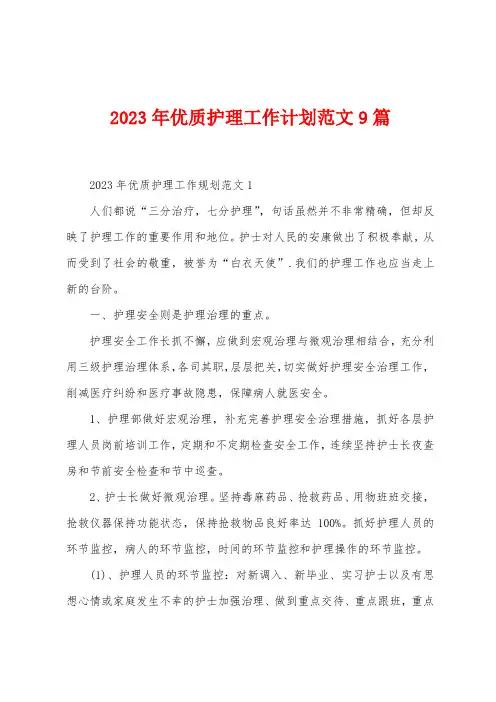 2023年优质护理工作计划范文9篇