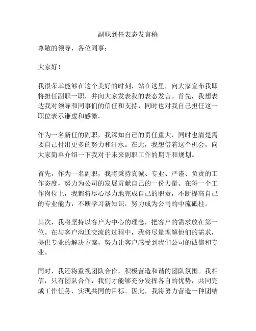 副职到任表态发言稿