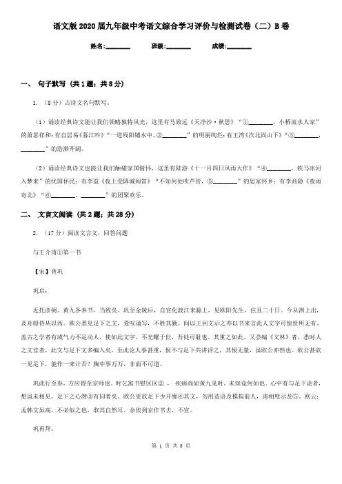 语文版2020届九年级中考语文综合学习评价与检测试卷(二)B卷