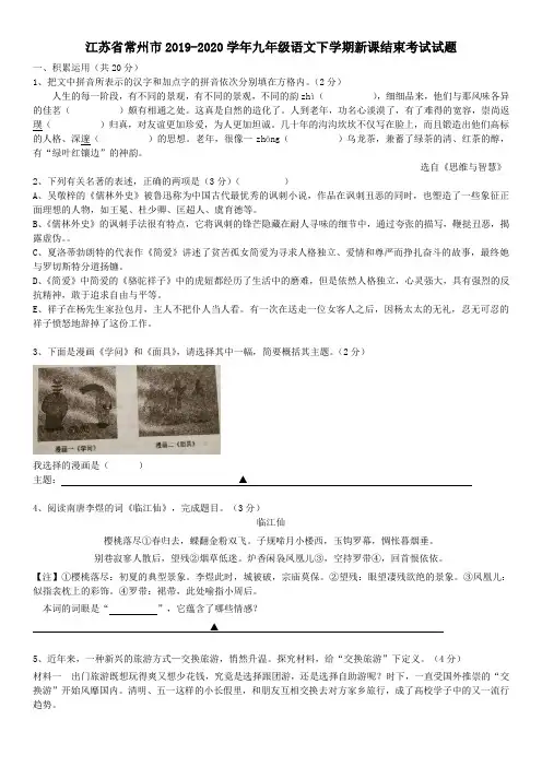 江苏省常州市2019_2020学年九年级语文下学期新课结束考试试题(无答案)