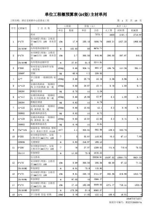单位工程概预算表(A4竖)主材单列