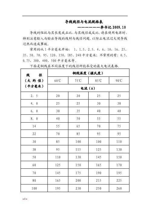 - 导线线径与电流对照表