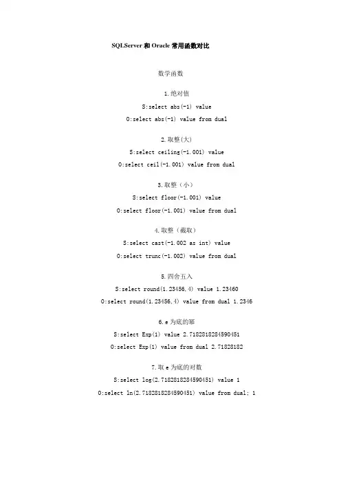 SQLServer和Oracle常用函数对比
