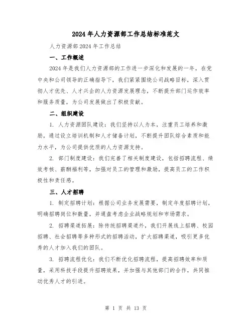 2024年人力资源部工作总结标准范文(5篇)