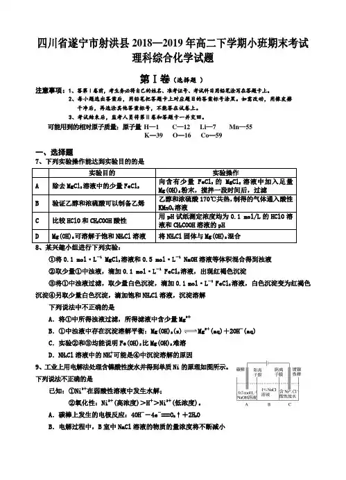 四川省遂宁市射洪县2018—2019年高二下学期小班期末考试理科综合化学试题