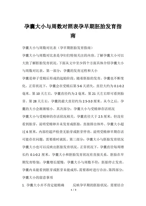 孕囊大小与周数对照表孕早期胚胎发育指南