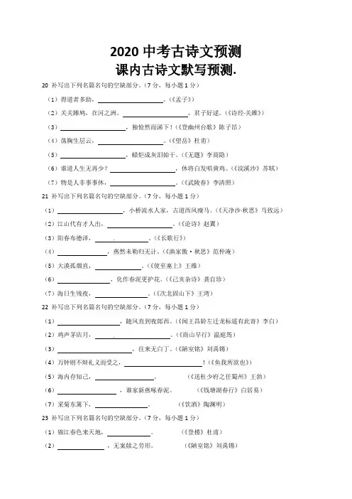 2020年中考备战古诗文专项训练(泰安专版)  古诗文默写预测(20-25)  含答案