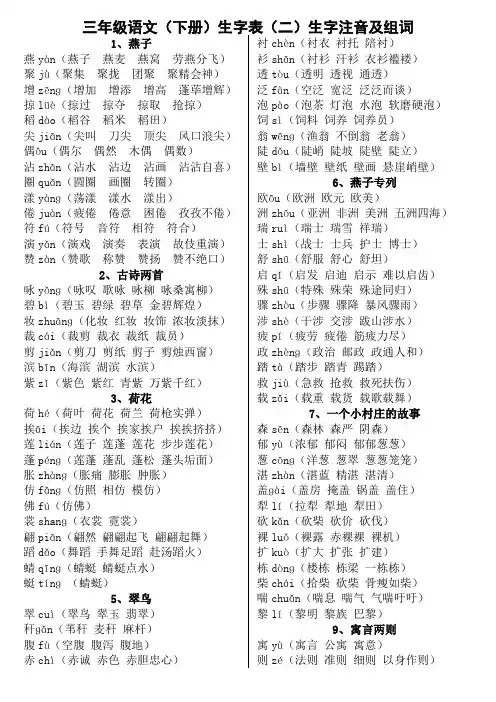 三年级语文(下册)生字表(二)生字注音及组词