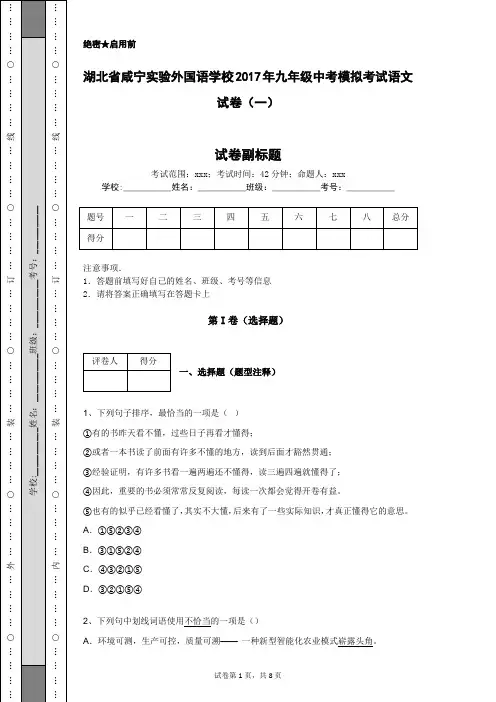 湖北省咸宁实验外国语学校2017年九年级中考模拟考试语文试卷(一)