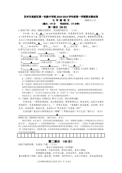 苏州市高新区2018-2019学年第一学期七年级语文期末试卷(含答案)