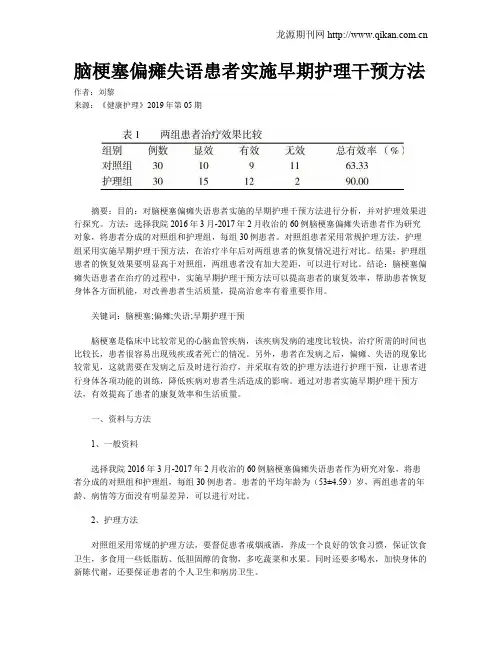脑梗塞偏瘫失语患者实施早期护理干预方法
