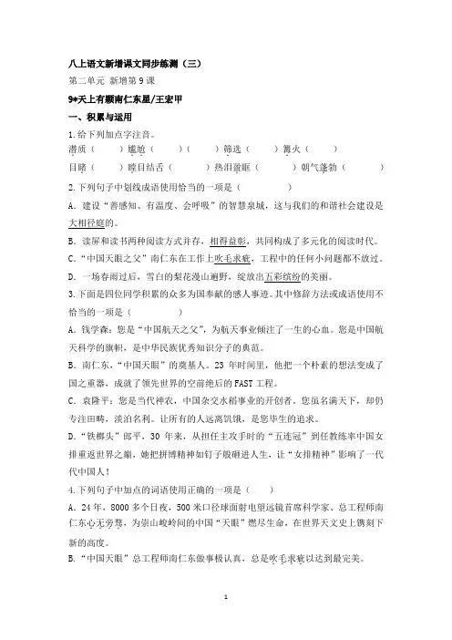 第9课《天上有颗南仁东星》同步练习+2024—2025学年统编版语文八年级上册