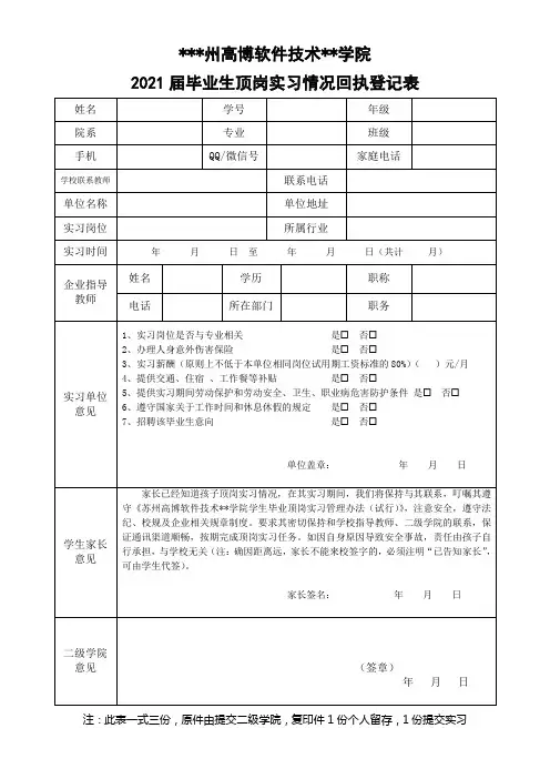 高博软件技术职业学院2021届毕业生顶岗实习情况回执登记表【模板】