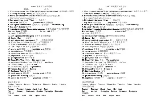 冀教版英语七年级上册Unit 7单元复习知识总结