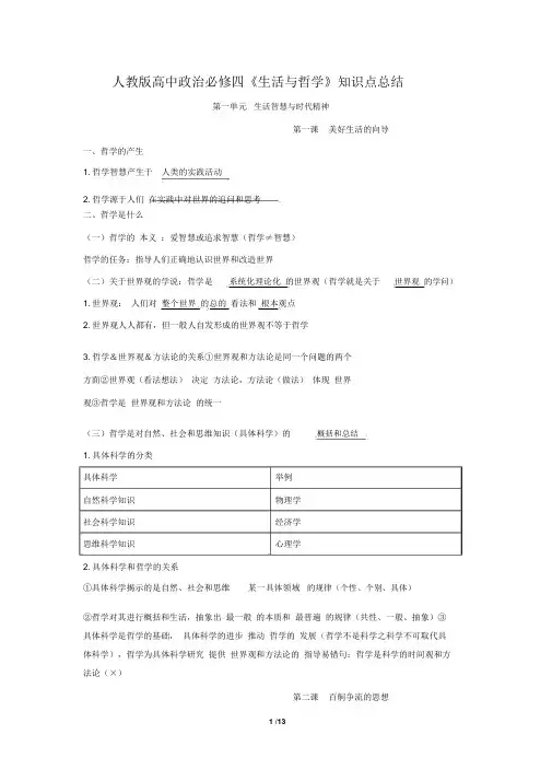 人教版高中政治必修四《生活与哲学》知识点总结