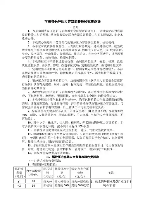河南省锅炉压力容器监督检验收费办法