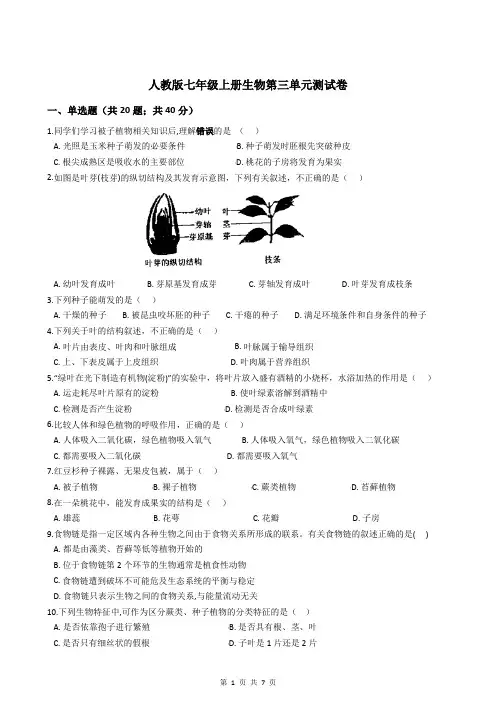 人教版七年级上册生物第三单元测试卷