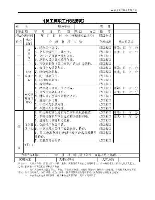 员工离职工作交接表