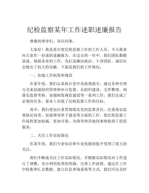 纪检监察某年工作述职述廉报告