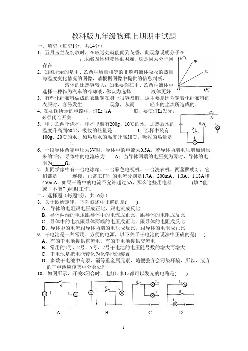 教科版九年级物理上期期中试题