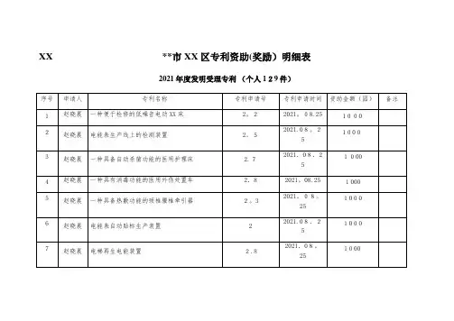 XX矿区专利资助(奖励)明细表