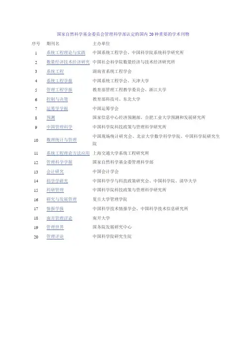 国家自然科学基金委员会管理科学部认定的国内20种重要的学术刊物